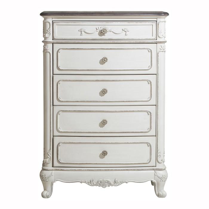 Cinderella 5 Drawer Chest in Antique White with Grey Rub-Through 1386NW-9